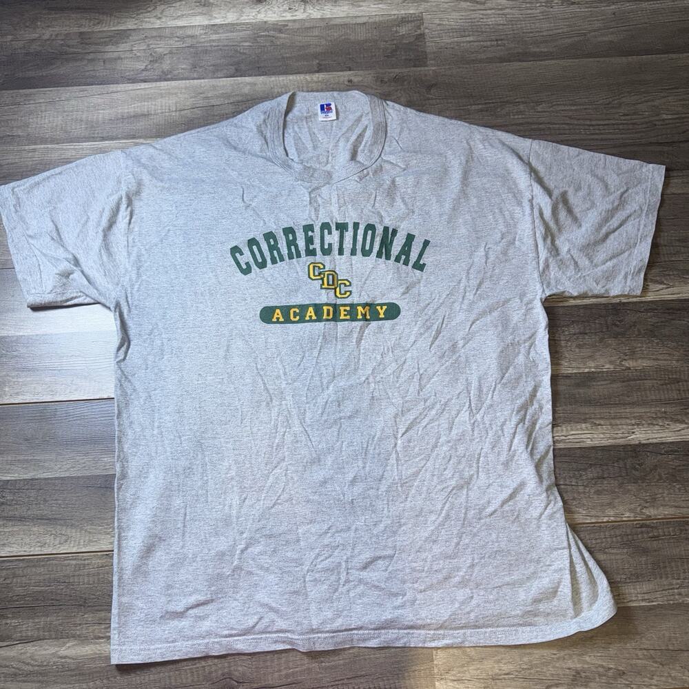 Russell Athletic Correctional Academy T-Shirt XXL Gray Made USA Fit Y2K 90s